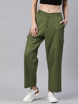 MIXT by Nykaa Fashion - Womens Solid Olive Flat Front High Rise Cargo Pant