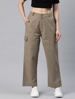 MIXT by Nykaa Fashion - Womens Solid Taupe Flat Front High Rise Cargo Pant
