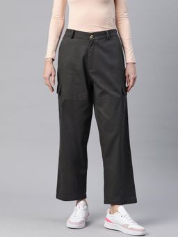 MIXT by Nykaa Fashion - Womens Solid Charcoal Flat Front High Rise Cargo Pant