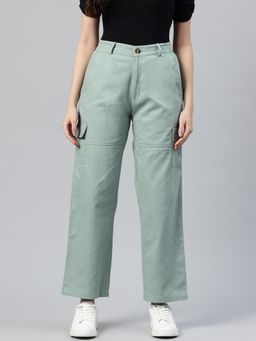 MIXT by Nykaa Fashion - Womens Solid Sea Green Flat Front High Rise Cargo Pant