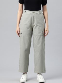 MIXT by Nykaa Fashion - Womens Solid Light Grey Flat Front High Rise Cargo Pant