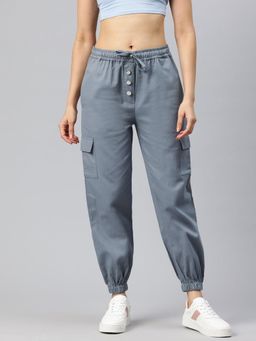 MIXT by Nykaa Fashion - Womens Solid Slate Grey Cotton Cargo Pocket Joggers