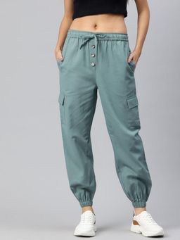 MIXT by Nykaa Fashion - Womens Solid Teal Cotton Cargo Pocket Joggers