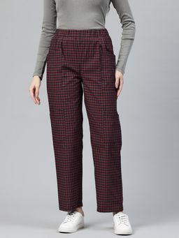 MIXT by Nykaa Fashion - Womens Red Checks High Rise Pleated Trouser