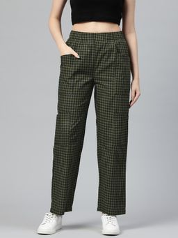 MIXT by Nykaa Fashion - Womens Green Checks High Rise Pleated Trouser