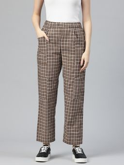 MIXT by Nykaa Fashion - Womens Brown Checks High Rise Pleated Trouser
