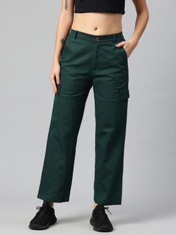 MIXT by Nykaa Fashion - Womens Solid Dark Green Flat Front High Rise Cargo Pant