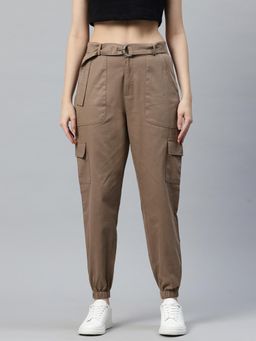MIXT by Nykaa Fashion - Womens Taupe High Rise Cargo Pocket Joggers with Belt