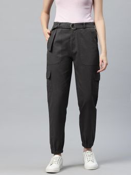 MIXT by Nykaa Fashion - Womens Charcoal High Rise Cargo Pocket Joggers with Belt