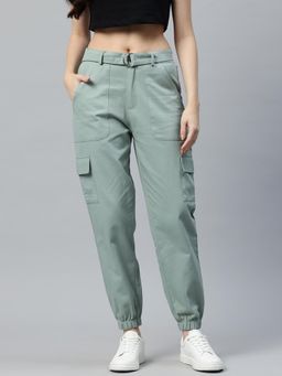 MIXT by Nykaa Fashion - Womens Sea Green High Rise Cargo Pocket Joggers with Belt