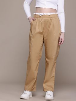MIXT by Nykaa Fashion - Womens Solid Camel Khaki Trouser with Double Waistband
