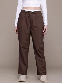 MIXT by Nykaa Fashion - Womens Solid Coffee Brown Trouser with Double Waistband
