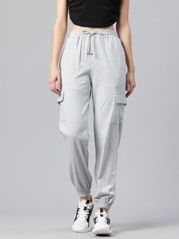 MIXT by Nykaa Fashion - Womens Solid Grey Melange Cotton Cargo Pocket Joggers