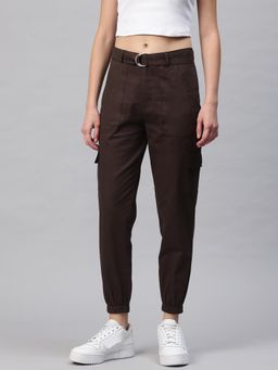 MIXT by Nykaa Fashion - Womens Coffee Brown High Rise Cargo Pocket Joggers with Belt