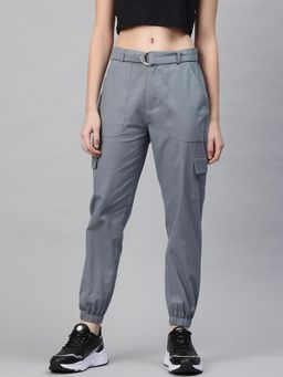 MIXT by Nykaa Fashion - Womens Slate Grey High Rise Cargo Pocket Joggers with Belt