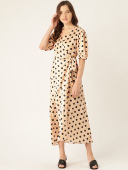 ANVI Be Yourself - Women Beige & Black Polka Dots Print Wrap Dress With Satin Finish