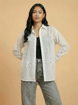 Buynewtrend - White Georgette Bow Detail Button-Down Oversized Fit Shirt