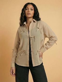 Buynewtrend - Beige Georgette Bow Detail Button-Down Oversized Fit Shirt