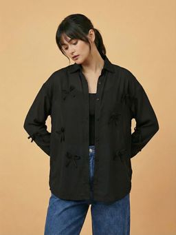 Buynewtrend - Black Georgette Bow Detail Button-Down Oversized Fit Shirt
