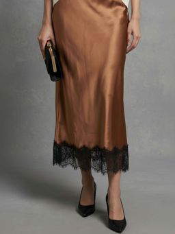 Uptownie - Satin Lace Trim Midi Skirt