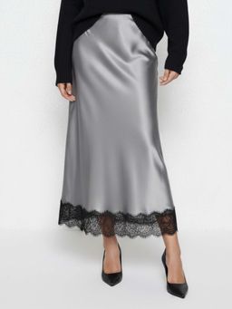 Uptownie - Satin Lace Trim Midi Skirt