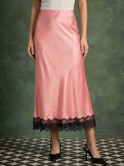 Uptownie - Satin Lace Trim Midi Skirt