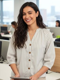 Uptownie - Pure Linen Striped Button-Down Top