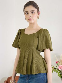 Uptownie - Stretchable Ribbed Peplum Top with Puff Sleeves