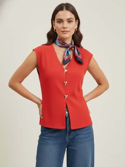 Uptownie - Stretchable V-Neck Cropped Waistcoat with Heart Button Detailing