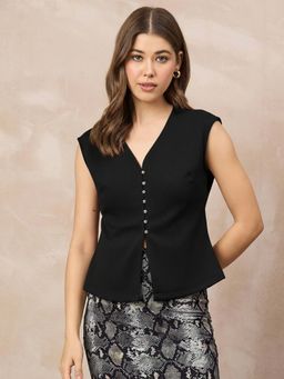 Uptownie - Stretchable V-Neck Buttoned Cropped Bomber