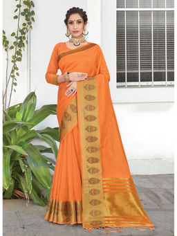 Sangam Prints - Orange Siroski Work Traditional Tassle Saree with Unstitched Blouse