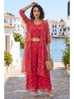 W - Pink Printed Spaghetti Crop Top, Chiffon Gilet and Flared Culottes (Set of 3)