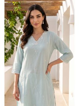 W - Floral Printed Lace Trim Straight Kurta