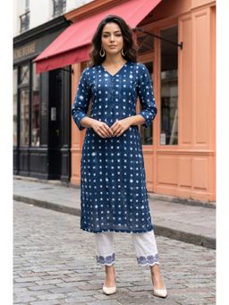 W - Blue Geometric Printed Pure Cotton Straight Kurta
