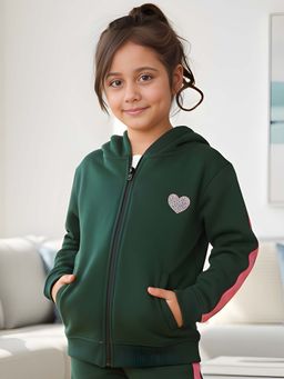 ANTHRILO - Green Fleece Pink Glitter Tape Zipper Hoodie
