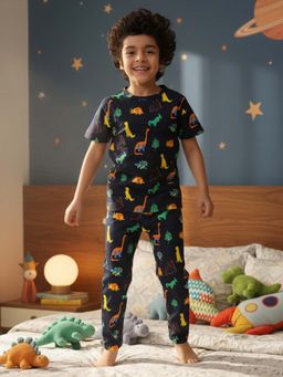 ANTHRILO - Navy Blue Printed Comfortable Fit T-Shirt and Pyajama (Set of 2)