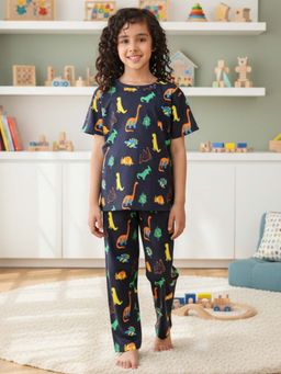 ANTHRILO - Navy Blue Printed Comfortable Fit T-Shirt and Pyajama (Set of 2)