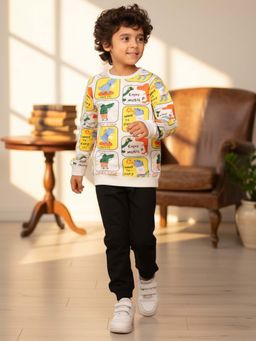 ANTHRILO - Dinosaur Stamp Fleece Sweatshirt Black Jogger Set - Off White/Black