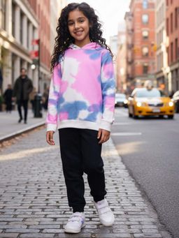 ANTHRILO - Blue Pink Tie Dye Fleece Girls Hoodie Black Jogger Set - White / Black