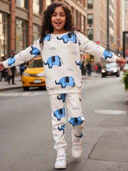 ANTHRILO - Elephant Safari Girls Fleece Sweatshirt Jogger Set - White