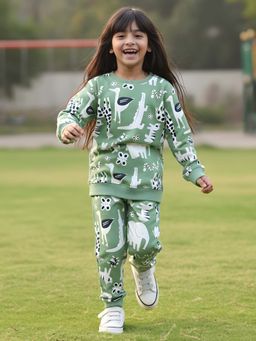 ANTHRILO - Animal Green Fleece Girls Sweatshirt Jogger Set - Green
