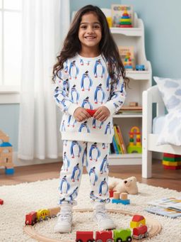 ANTHRILO - Penguin Fleece Girls Sweatshirt Jogger Set - Off White