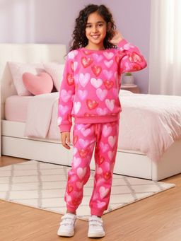 ANTHRILO - Heart Pink Fleece Girls Sweatshirt Jogger Set - Pink