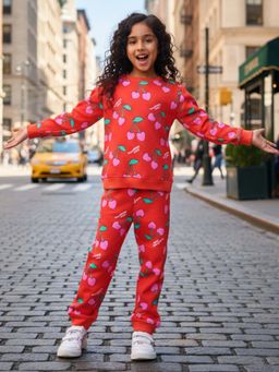 ANTHRILO - Cherry Red Fleece Girls Sweatshirt Jogger Set - Red
