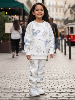 ANTHRILO - Bow Key Cat Girls Fleece Sweatshirt Jogger Set - White