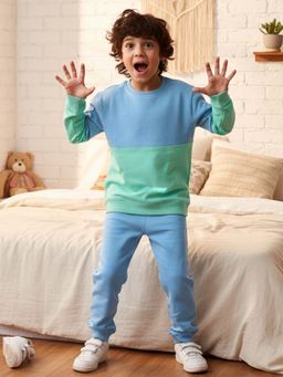 ANTHRILO - Blue Green Color Block Fleece Sweatshirt Blue Jogger Set - Sea Green/Blue