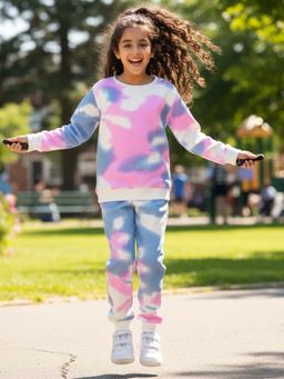 ANTHRILO - Blue Pink Tie Dye Girls Fleece Sweatshirt With Joggers