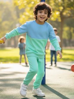 ANTHRILO - Blue Green Color Block Fleece Sweatshirt Jogger Set