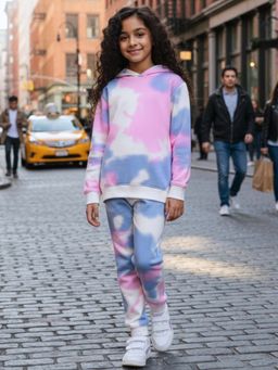 ANTHRILO - Blue Pink Tie Dye Girls Fleece Hoodie with Jogger Set