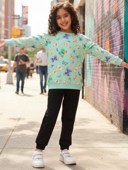 ANTHRILO - Butterfly Green Fleece Girls Sweatshirt Black Jogger Set